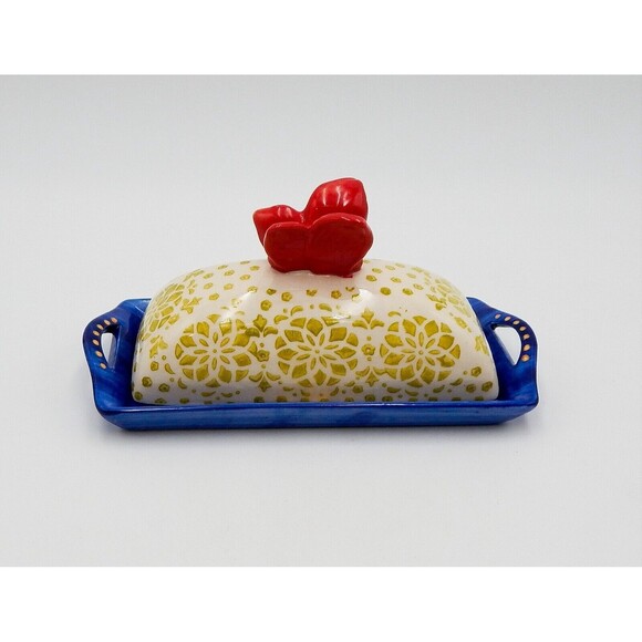 Butterfly Butter Dish Pier 1 One Imports Hand-Painted Stoneware Red Blue & Green - Picture 3 of 7